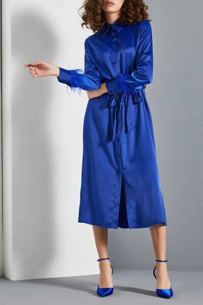 Satin Shirt Feather Detailed Belted Women's Midi Saks Dress 37137 - 4
