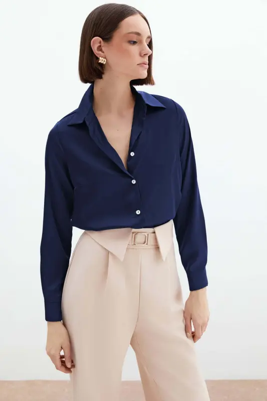 Satin Shirt - Navy Blue-Navy Blue - SATEEN