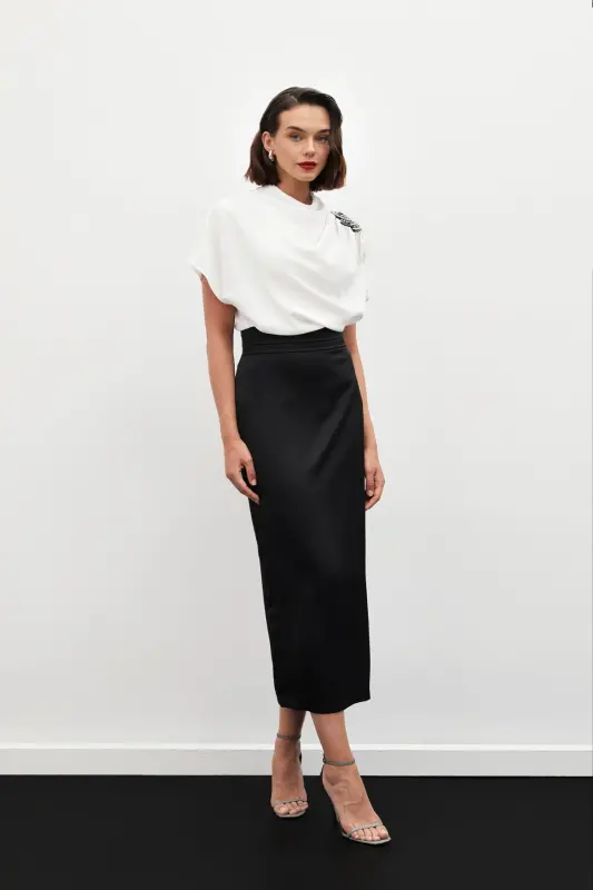 Satin Skirt with Pleated Detail at Waist - BLACK - 2