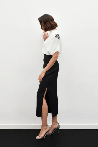 Satin Skirt with Pleated Detail at Waist - BLACK - 4