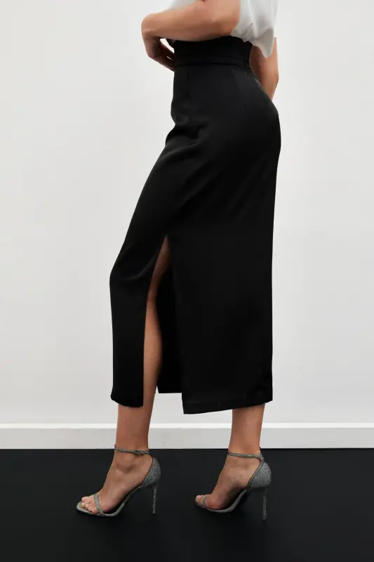 Satin Skirt with Pleated Detail at Waist - BLACK - 5