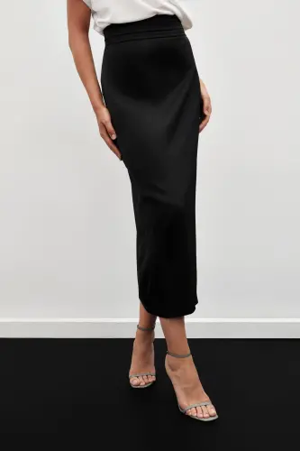 Satin Skirt with Pleated Detail at Waist - BLACK - 6