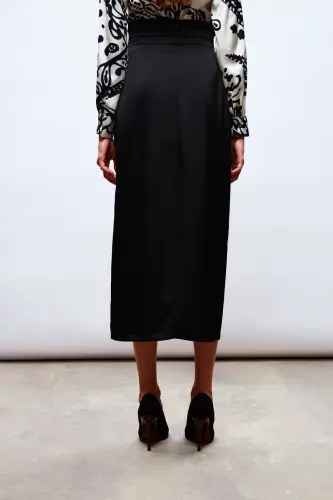 Satin Skirt with Pleated Detail at Waist - BLACK - 7