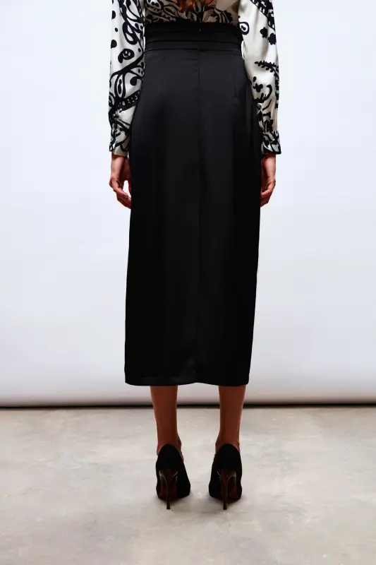Satin Skirt with Pleated Detail at Waist - BLACK - 7