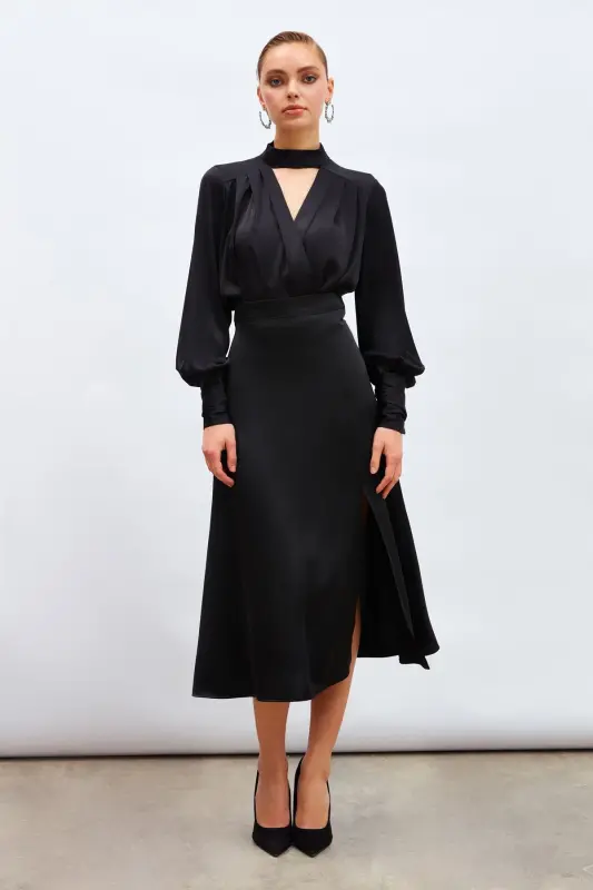 Satin Skirt with Slit - BLACK - 2