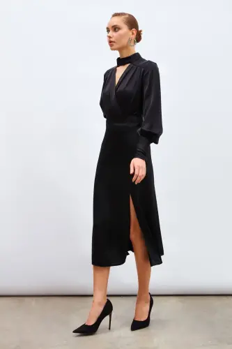 Satin Skirt with Slit - BLACK - 3