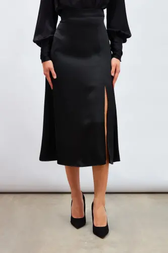 Satin Skirt with Slit - BLACK - 4
