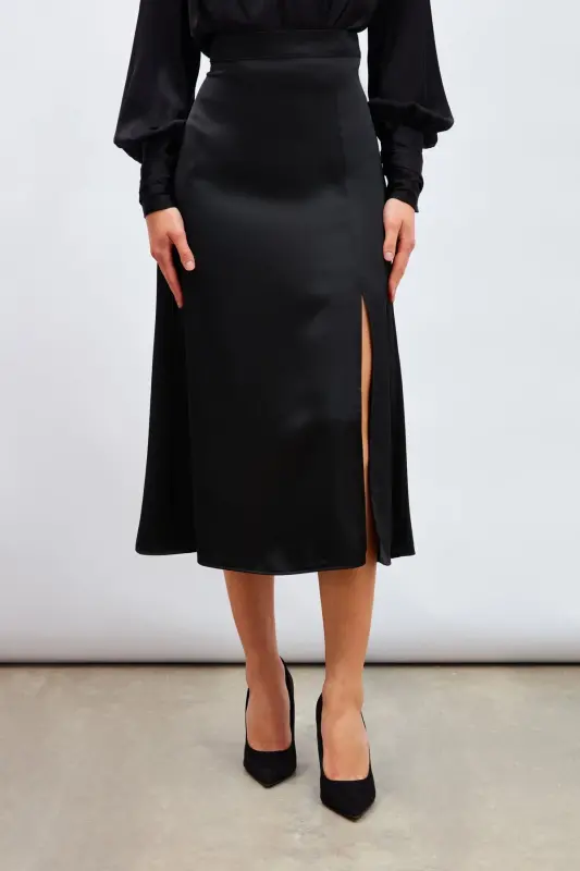 Satin Skirt with Slit - BLACK - 4