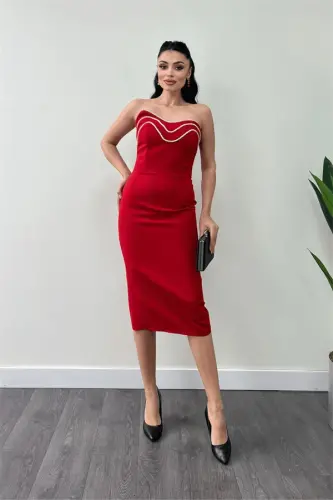 Satin Strapless Pencil Dress - RED - 1