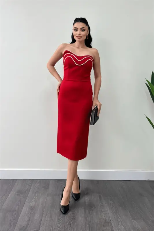 Satin Strapless Pencil Dress - RED - 2