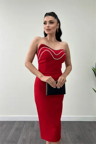 Satin Strapless Pencil Dress - RED - 3