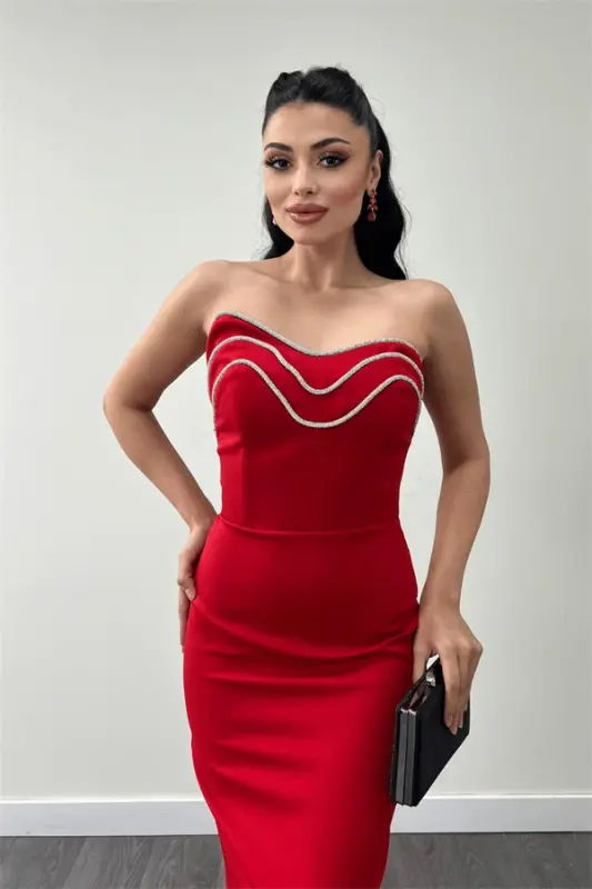 Satin Strapless Pencil Dress - RED - 4