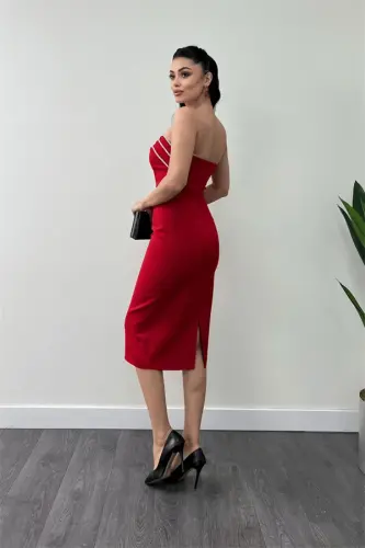 Satin Strapless Pencil Dress - RED - 5