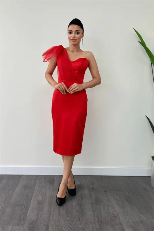 Satin Strapless Tulle Detail Pencil Dress - RED - 1