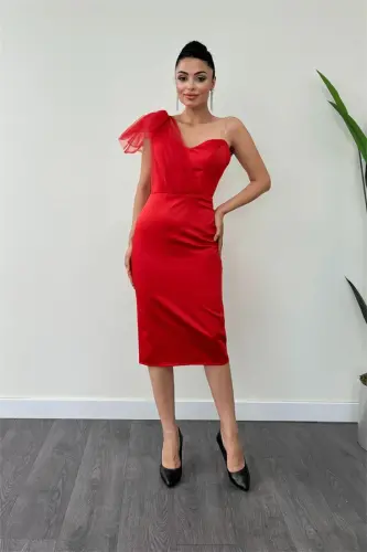 Satin Strapless Tulle Detail Pencil Dress - RED - BÜYÜKBEDENIZ (1)