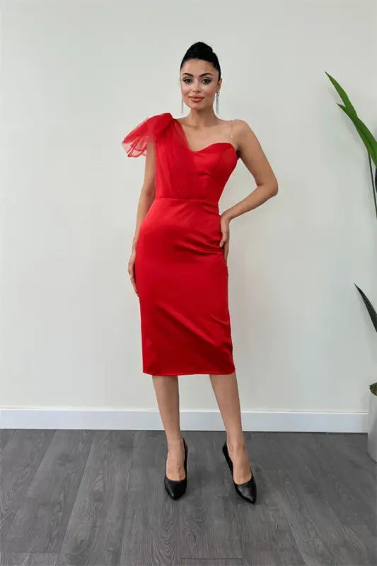 Satin Strapless Tulle Detail Pencil Dress - RED - 2