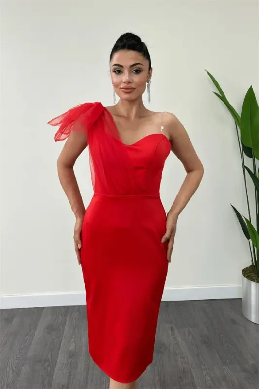 Satin Strapless Tulle Detail Pencil Dress - RED - 3