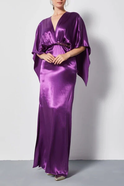 Satin V Neck Waist Detailed Slit Maxi Dress Purple 37182 - SERPIL