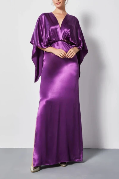 Satin V Neck Waist Detailed Slit Maxi Dress Purple 37182 - SERPIL (1)