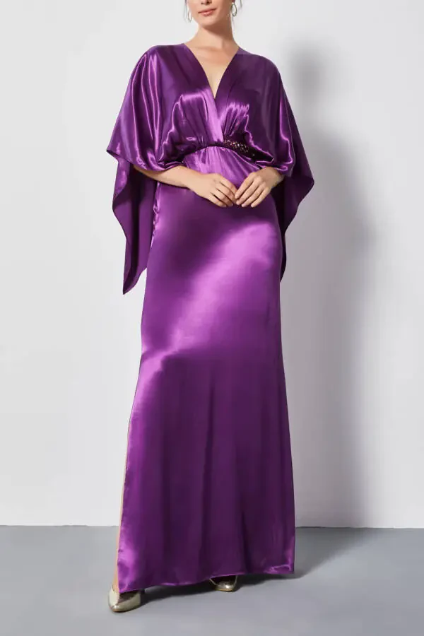 Satin V Neck Waist Detailed Slit Maxi Dress Purple 37182 - 2