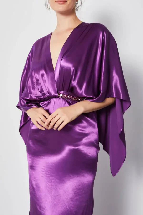 Satin V Neck Waist Detailed Slit Maxi Dress Purple 37182 - 3