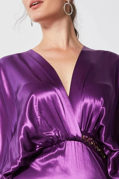Satin V Neck Waist Detailed Slit Maxi Dress Purple 37182 - 4