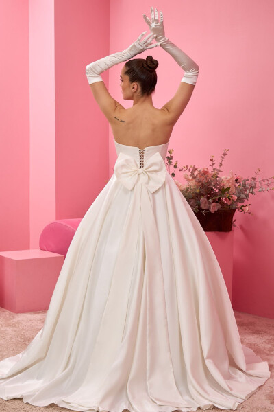 Satin Wedding Dress with White Ribbon Detail and Hand Fan Gift - 4