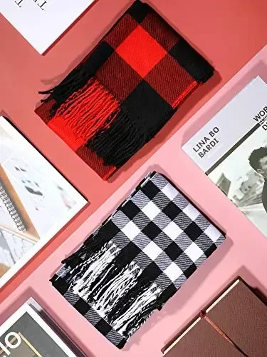 SATINIOR 2 Pieces Women Buffalo Plaid Scarf Winter Buffalo Check Scarves Warm Blanket Scarf Plaid Wrap Shawl - 7