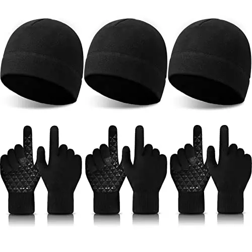 SATINIOR 6 PCS Winter Warm Beanie Hat Fleece Cap and Touchscreen Thermal Anti-Slip Gloves 