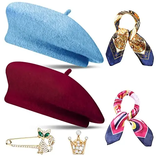 SATINIOR 6 Pieces Wool Beret Hat with Silky Scarf Brooch Solid Color French Beanie Hat for Women - 1