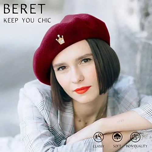 SATINIOR 6 Pieces Wool Beret Hat with Silky Scarf Brooch Solid Color French Beanie Hat for Women - 4