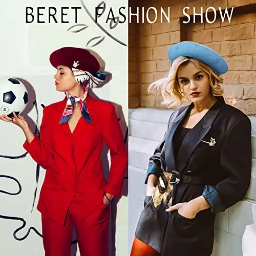 SATINIOR 6 Pieces Wool Beret Hat with Silky Scarf Brooch Solid Color French Beanie Hat for Women - 6