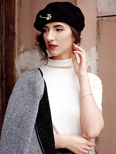 SATINIOR 6 Pieces Wool Beret Hat with Silky Scarf Brooch Solid Color French Beanie Hat for Women - 7