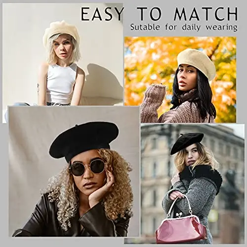 SATINIOR 6 Pieces Wool Beret Hat with Silky Scarf Brooch Solid Color French Beanie Hat for Women - 5