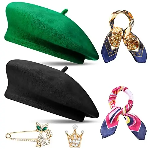 SATINIOR 6 Pieces Wool Beret Hat with Silky Scarf Brooch Solid Color French Beanie Hat for Women - 1