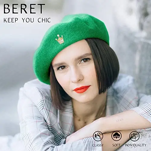 SATINIOR 6 Pieces Wool Beret Hat with Silky Scarf Brooch Solid Color French Beanie Hat for Women - 6