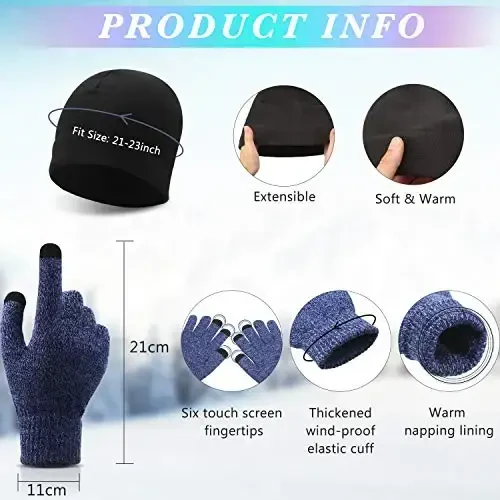SATINIOR 6 PCS Winter Warm Beanie Hat Fleece Cap and Touchscreen Thermal Anti-Slip Gloves - 2