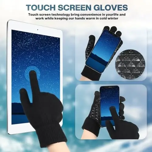 SATINIOR 6 PCS Winter Warm Beanie Hat Fleece Cap and Touchscreen Thermal Anti-Slip Gloves - 4