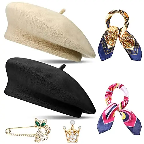 SATINIOR 6 Pieces Wool Beret Hat with Silky Scarf Brooch Solid Color French Beanie Hat for Women - 1