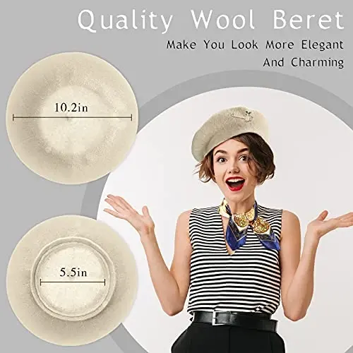 SATINIOR 6 Pieces Wool Beret Hat with Silky Scarf Brooch Solid Color French Beanie Hat for Women - 4