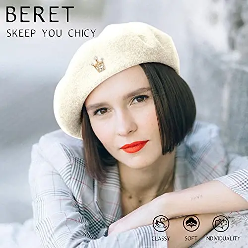 SATINIOR 6 Pieces Wool Beret Hat with Silky Scarf Brooch Solid Color French Beanie Hat for Women - 6