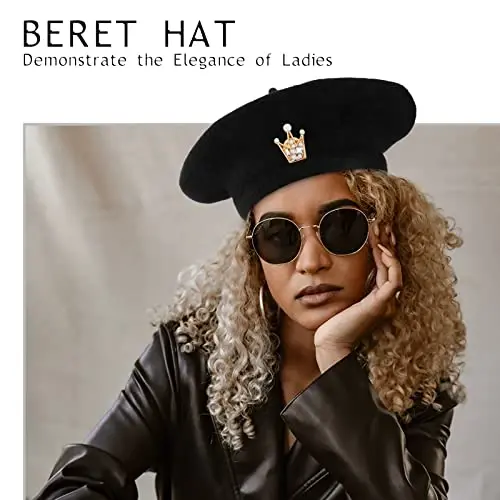 SATINIOR 6 Pieces Wool Beret Hat with Silky Scarf Brooch Solid Color French Beanie Hat for Women - 3
