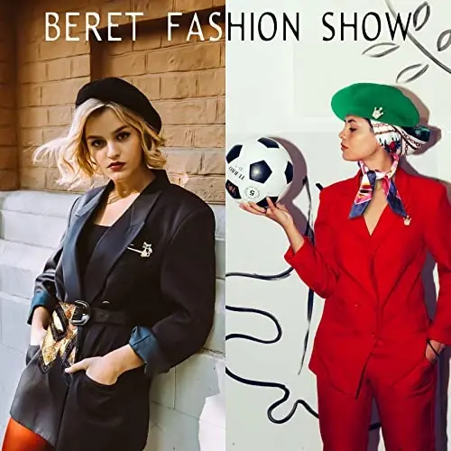 SATINIOR 6 Pieces Wool Beret Hat with Silky Scarf Brooch Solid Color French Beanie Hat for Women - 5