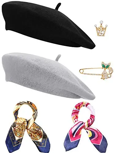 SATINIOR 6 Pieces Wool Beret Hat with Silky Scarf Brooch Solid Color French Beanie Hat for Women - SATINIOR