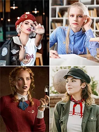 SATINIOR 6 Pieces Wool Beret Hat with Silky Scarf Brooch Solid Color French Beanie Hat for Women - 6
