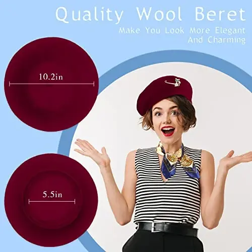 SATINIOR 6 Pieces Wool Beret Hat with Silky Scarf Brooch Solid Color French Beanie Hat for Women - 2
