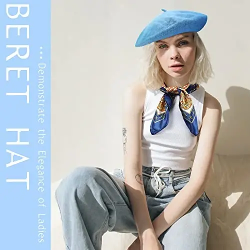 SATINIOR 6 Pieces Wool Beret Hat with Silky Scarf Brooch Solid Color French Beanie Hat for Women - 3