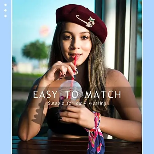 SATINIOR 6 Pieces Wool Beret Hat with Silky Scarf Brooch Solid Color French Beanie Hat for Women - 5