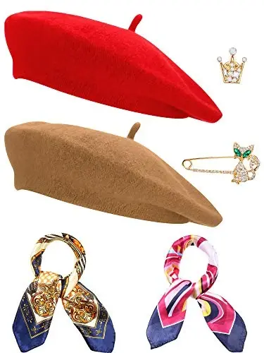 SATINIOR 6 Pieces Wool Beret Hat with Silky Scarf Brooch Solid Color French Beanie Hat for Women - 1