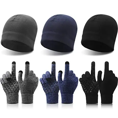 SATINIOR 6 PCS Winter Warm Beanie Hat Fleece Cap and Touchscreen Thermal Anti-Slip Gloves - 1